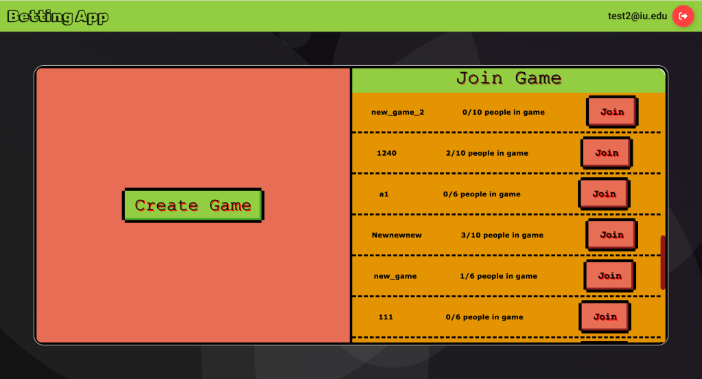 Game listing screen of the webapp